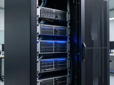 Medium shot of a server rack partially open, dense cable management visible, cool blue LED ambient light from equipment panels, industrial lab environment, no people