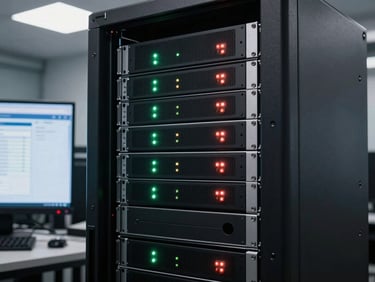 Medium shot of server rack with blinking status LEDs, Kafka cluster dashboard visible on adjacent monitor, data-center overhead fluorescent lighting, sharp rack-unit detail