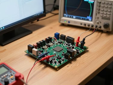 Overhead workbench view of an ESP32 module wired to sensors, multimeter probes visible, oscilloscope trace on secondary screen, high-contrast lab lighting, no warm tones