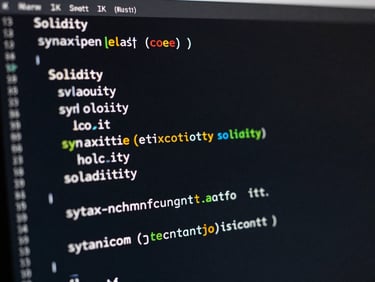 Close-up of syntax-highlighted Solidity code on a dark terminal screen, high-contrast monitor glow, no reflection, sharp code characters, single focused light source from screen