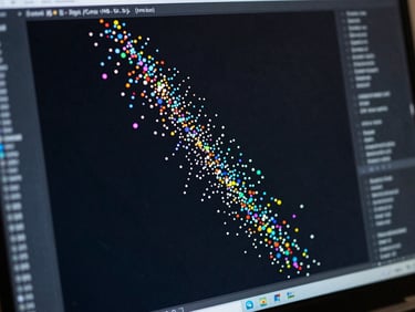 Close-up of a vector embedding visualization on a dark terminal screen, high-density scatter plot of colored points, technical lab lighting, no human subjects