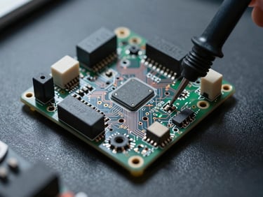 Overhead close-up of an ESP32 microcontroller board on a dark workbench, oscilloscope probe touching a pin header, high-contrast lab lighting, circuit traces visible in sharp detail
