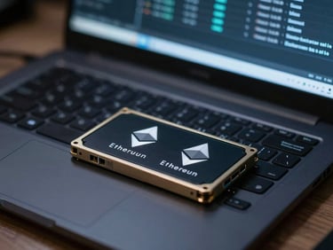 Close-up of a hardware security module and Ethereum node console output on a dark terminal screen, cold blue-white workbench lighting, no ambient warmth
