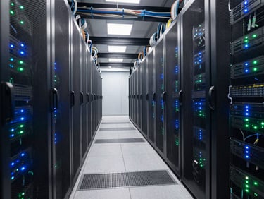 Wide shot of a data-center aisle from ground level, rack LEDs forming a receding line of blue and green points, cold overhead lighting, cables bundled in organized runs