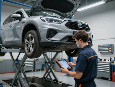 A clean, modern diagnostic bay with a car raised on a hydraulic lift, a technician analyzing engine data on a rugged tablet under bright LED lights, organized steel tool cabinets in background.