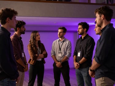 Candid high-focus team collaboration in a low-light architectural space with violet ambient backlighting