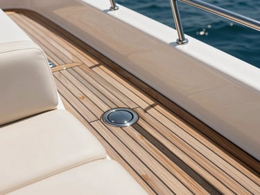 Extreme close-up of a luxury yacht flybridge deck, showcasing gleaming teak wood planks, immaculate polished stainless steel railings, and custom cream leather upholstery under crisp midday sun.
