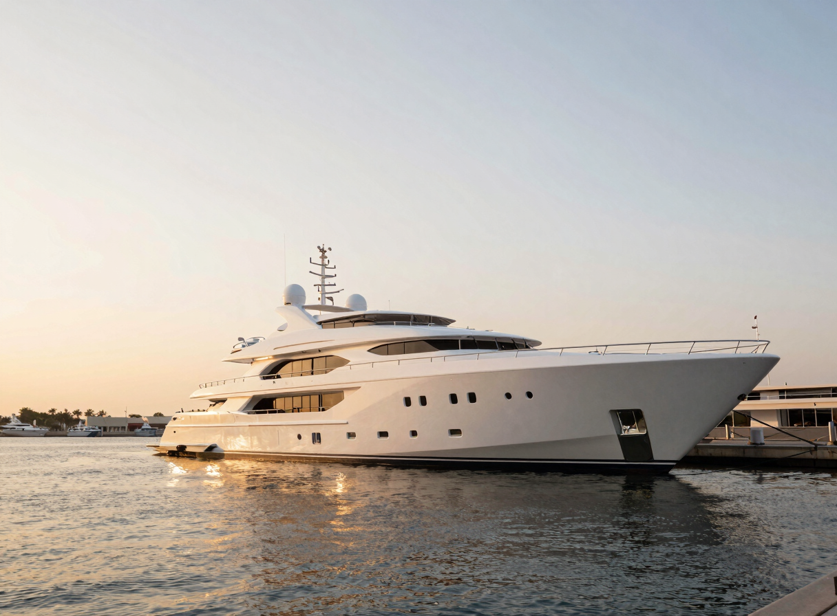 Wide-angle view of a majestic 120-foot superyacht moored at a private berth in Dubai Marina, clean white lines, sunset casting warm champagne-gold reflections on the water.