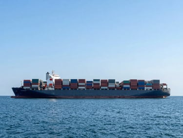 Massive container ship cutting through calm ocean waters under bright daylight, wide-angle lens, crisp blue sky.