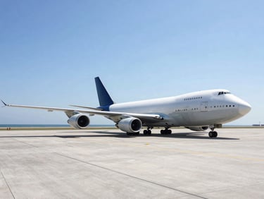 Large cargo plane on a bright, sunlit tarmac, ground crew visible, wide-angle, clear sky.