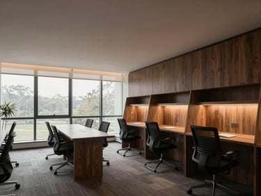 Architectural shot of a modern quiet study room, large windows with soft daylight filtering through, clean rows of dark wood desks, comfortable ergonomic chairs, minimalist design.