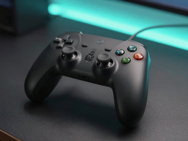 Close-up of a premium black gaming controller resting on a clean dark cafe table, soft teal LED glow in the background, shallow depth of field.