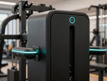 Architectural detail of modern matte-black strength training equipment, sharp electric-teal lighting accents, clean athletic-tech style.