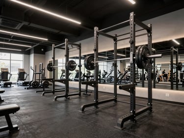 Architectural wide angle of an uncrowded premium gym zone, professional squat racks with Olympic barbells, dramatic focus lighting, clean dark concrete floors.