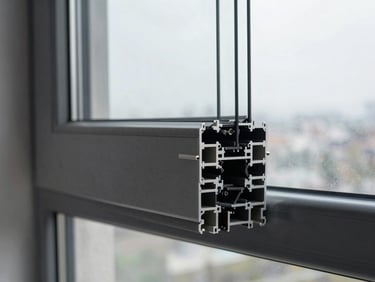 Detail shot of a high-performance Schüco architectural aluminum window system, cool overcast daylight, precise engineering.