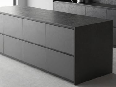 High-contrast image of a modern, minimalist modular kitchen island in charcoal and steel gray, precise lines, 35mm