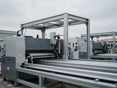 Modern factory floor in Turkey, precise machinery, structural aluminum profiles, cool overcast lighting