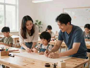 Bright editorial photography of a family workshop in a bright community center, natural daylight, parents and children smiling together.