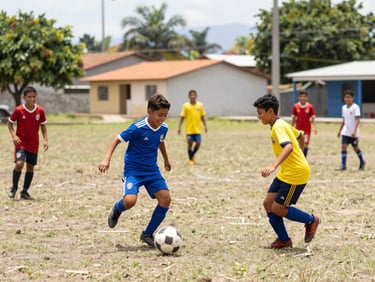 Bright editorial photography of children playing soccer on a clean community field in Colombia, laughing, natural daylight, active motion.