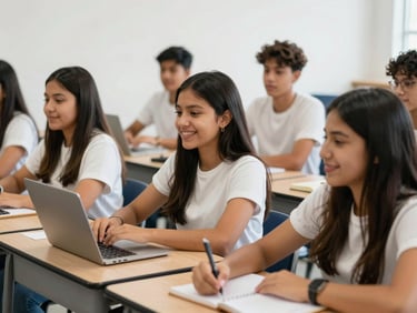 Bright editorial photography of young adult students in Colombia working together in a modern classroom, natural daylight, focused and hopeful expression.
