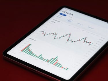 Close-up of a high-end digital tablet displaying clean financial charts and analytics, dramatic corporate lighting, crimson accents