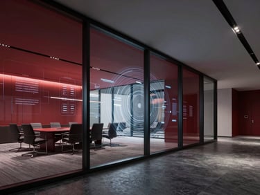 Modern corporate boardroom interior with large windows, abstract digital interface overlay on glass, sleek slate tones