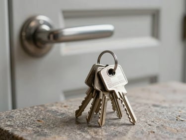 A set of property keys on a plain metal ring resting on a stone countertop under diffused daylight, no people, architectural detail of a door handle visible in soft background