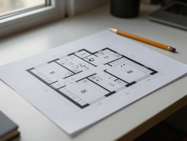 Close-up of a property floor plan printed on matte paper laid flat on a light desk, pencil resting beside it, overcast window light from the left, no people