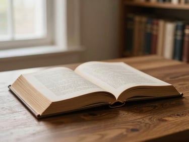Open vintage law books on a solid oak table inside a warm, sunlit library, shallow depth of field