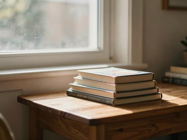 Warm interior of a family home with sunlight streaming through a window, books on a wooden table, cozy environment