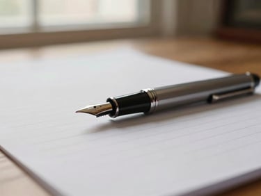 Close up of a fountain pen resting on structured paper, soft natural light, professional legal desk setup