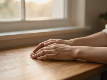 Close-up of hands resting gently on a warm wooden desk, soft golden hour window light, serene and calm atmosphere, 35mm lens.