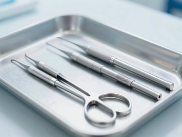 Close-up of sterile dental instruments on a tray, bright clinical lighting, crisp focus.