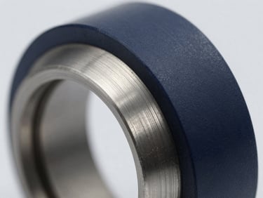 Extreme close-up macro photograph of a precision lapped silicon carbide seal ring, showcasing metallic micro-textures under sharp laboratory daylight