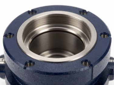 Precise orthographic technical view of an aggressive chemical processing seal geometry, high-contrast metallic and elastomeric textures, crisp studio strobes.