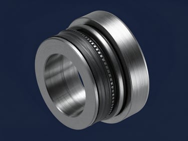 High-resolution CAD cross-sectional rendering of a custom mechanical seal face showing stress concentrations under extreme thermal load, sharp technical studio lighting, deep navy tones