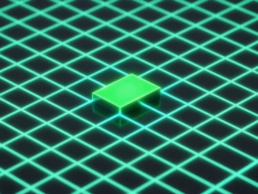 Abstract digital 3D render of glowing neon cyan and green grid lines against a dark obsidian background, macro isometric perspective, octane render