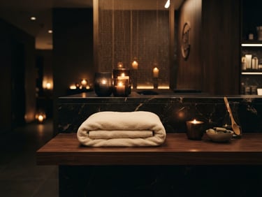A luxurious, dimly lit spa reception area with dark marble counters and warm bronze accents, a single plush towel folded on a dark wooden surface. Soft ambient lighting, cinematic 35mm.