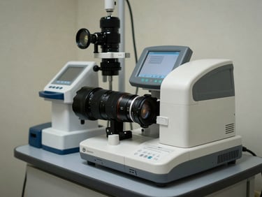 Cabina de audiometría clínica y equipo de espirometría digital en una sala de evaluación médica iluminada