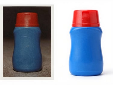Split-screen comparison: left side shows a close-up of an old photo with a prominent scratch; right side shows the same area flawlessly repaired, bright high-key studio lighting, crisp borders.