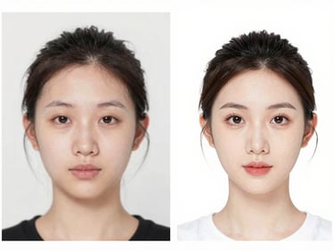 Split-screen comparison: left side shows a blurry, faded face in an old photo; right side shows the same face sharp, clear, and naturally enhanced, bright high-key studio lighting, crisp borders.