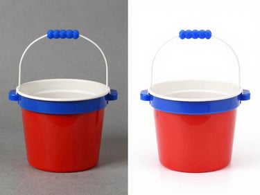 Split-screen comparison: left side shows a pixelated, low-res vintage photo; right side shows the same photo in high-resolution, sharp and clear, bright high-key studio lighting, crisp borders.
