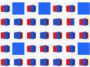 Grid of small product images on a screen, rapidly changing from original to background-removed, illustrating bulk processing speed, vibrant red and blue accents, studio lighting, clean interface.