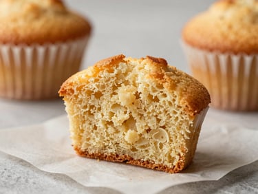 Close-up of a cupcake cut in half on parchment paper, revealing a moist, golden crumb structure, soft natural light.