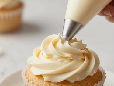 Macro shot of a frosting piping bag swirling rich, creamy buttercream onto a cupcake base, soft morning light.