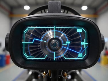 POV perspective through an AR headset displaying sharp neon cyan telemetry lines and electric blue wireframes mapping a dark physical turbine engine in a high-tech hangar, cool lighting, precise technical aesthetic.