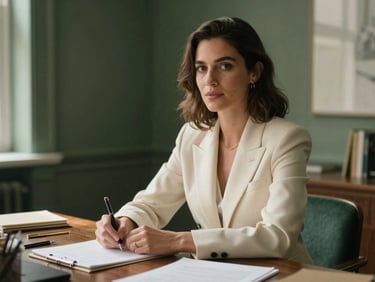 An elegant, warm-toned editorial portrait of Isabella Wild, a professional female strategist in a light cream blazer, sitting at a dark wood desk with high-quality stationery, soft natural window light casting gentle shadows, 35mm photography