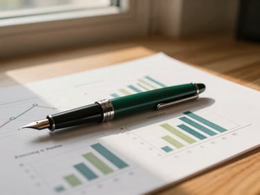 Close-up of a fountain pen resting on a bespoke financial model printout, soft window light casting long shadows across a clean oak desk