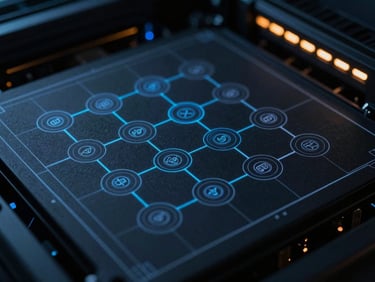 Macro detail of a high-contrast technical blueprint showing data flow nodes, cyan vector lines on a dark slate background, sharp architectural precision.