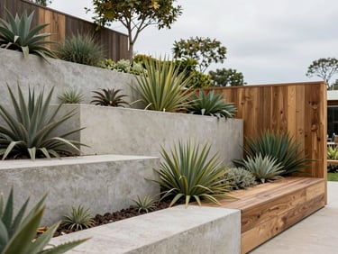 A bold contemporary garden featuring raw off-form concrete retaining walls, custom timber detailing, and architectural native plantings under soft overcast light